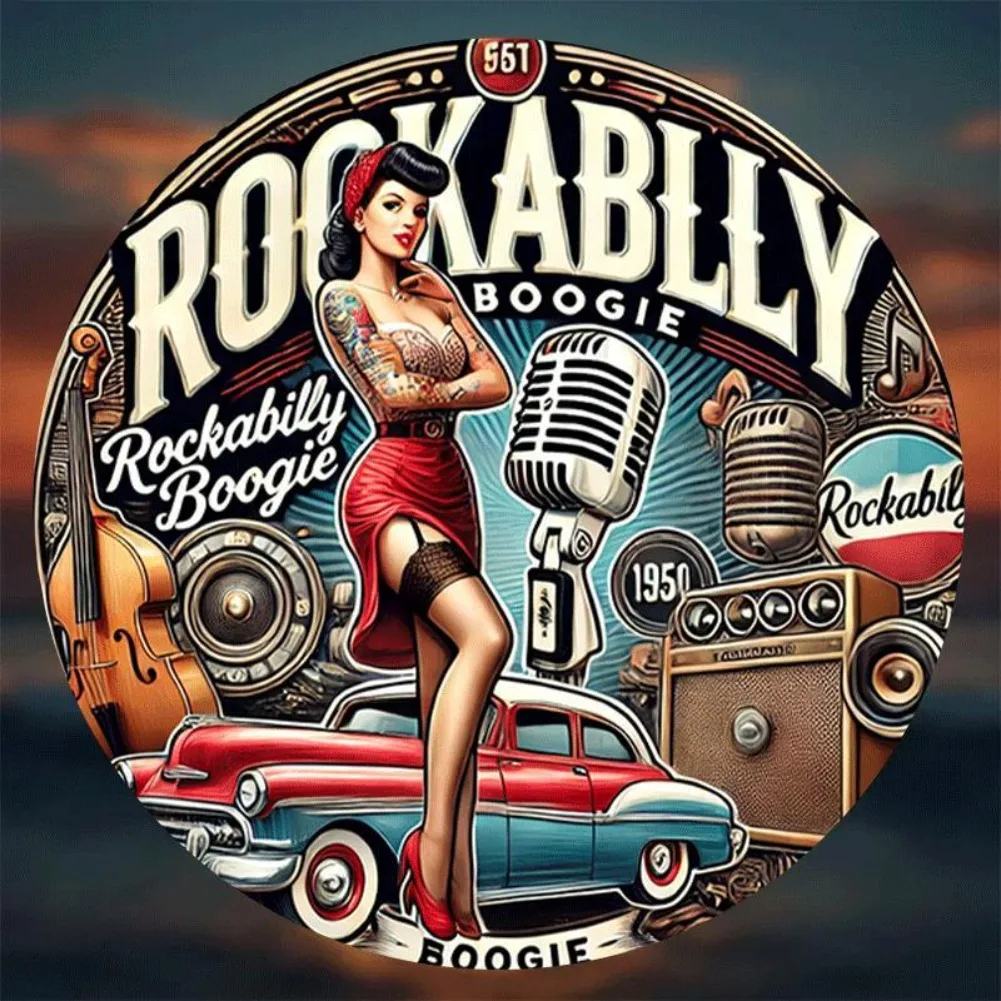 Rockabilly Boogie Retro Music Pinup Girl 2D flat Round Metal Tin Sign Classic Car Guitar Microphone Bar Wall Decor 20x20cm