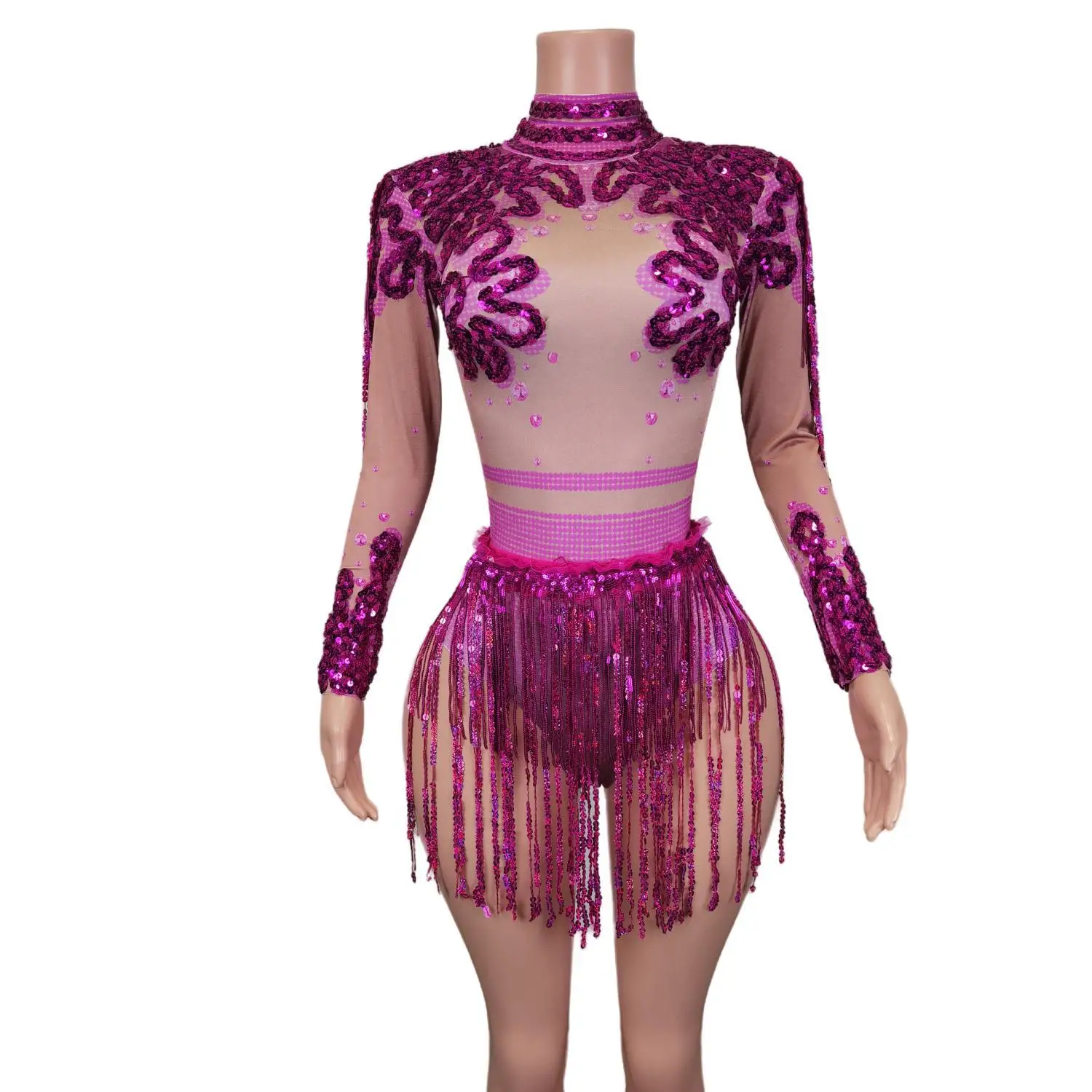 

Sparkly Pink Sequins Bodysuit + Fringes Skirts 2 Piece Set Women Exotic Outfits Club Showgirl Stage Performance Costume Nainiang