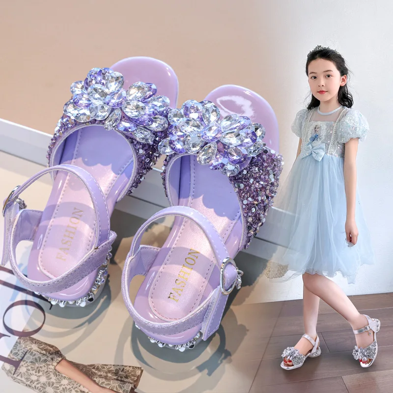 Girls Princess Shoes Kids Mary Jane Crystal For Party Glitter Sequins School Shoe Flat Fish Mouth Communion Shoe High Heels Baby