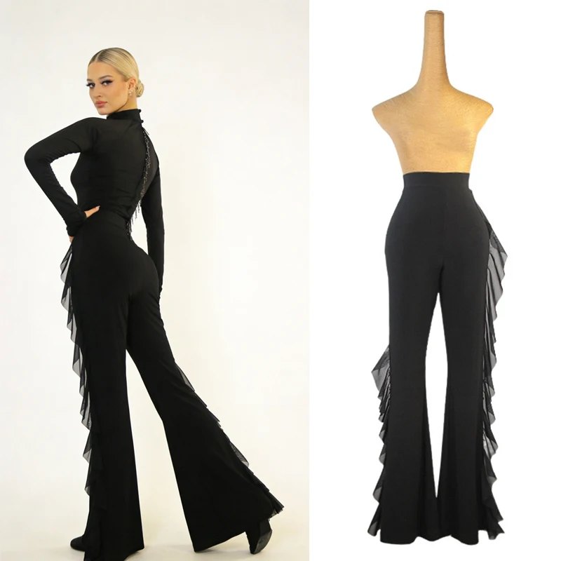 

Брюки для латинских танцев для взрослых, женские брюки для латинских танцев с рюшами, женские брюки для самбы и бальных танцев, тренировочная одежда SL15070