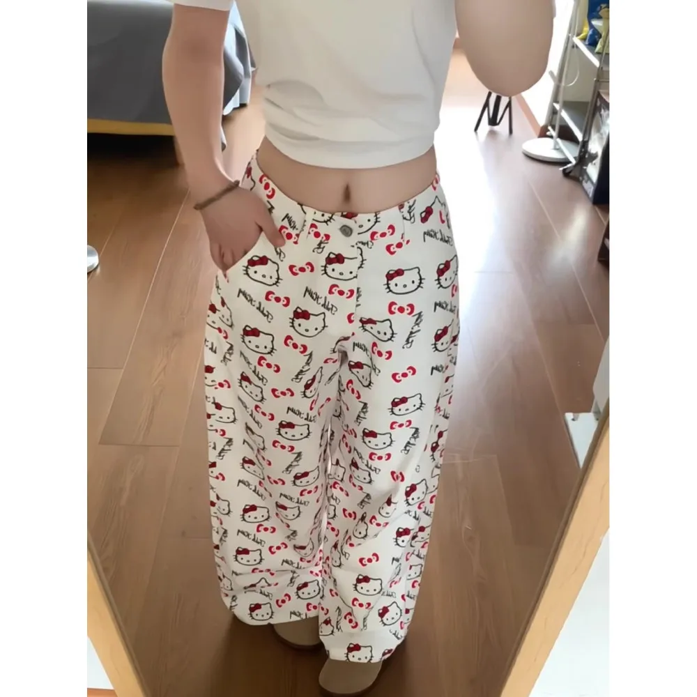 كارتون لطيف طقم أبيض طباعة واسعة الساق عالية الخصر الجينز النساء تصميم فضفاض مستقيم قطع بنطلون القطن تمتد الدنيم