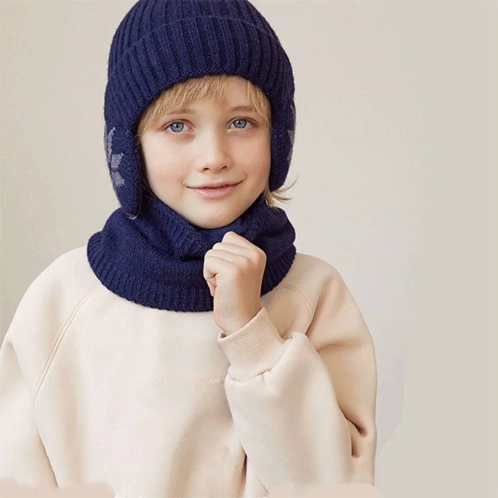 

2pcs Simple Solid Color Ear Protection Wool Caps Earflap Children Knitted Beanie Windproof Thickened Scarf Hat Set Children