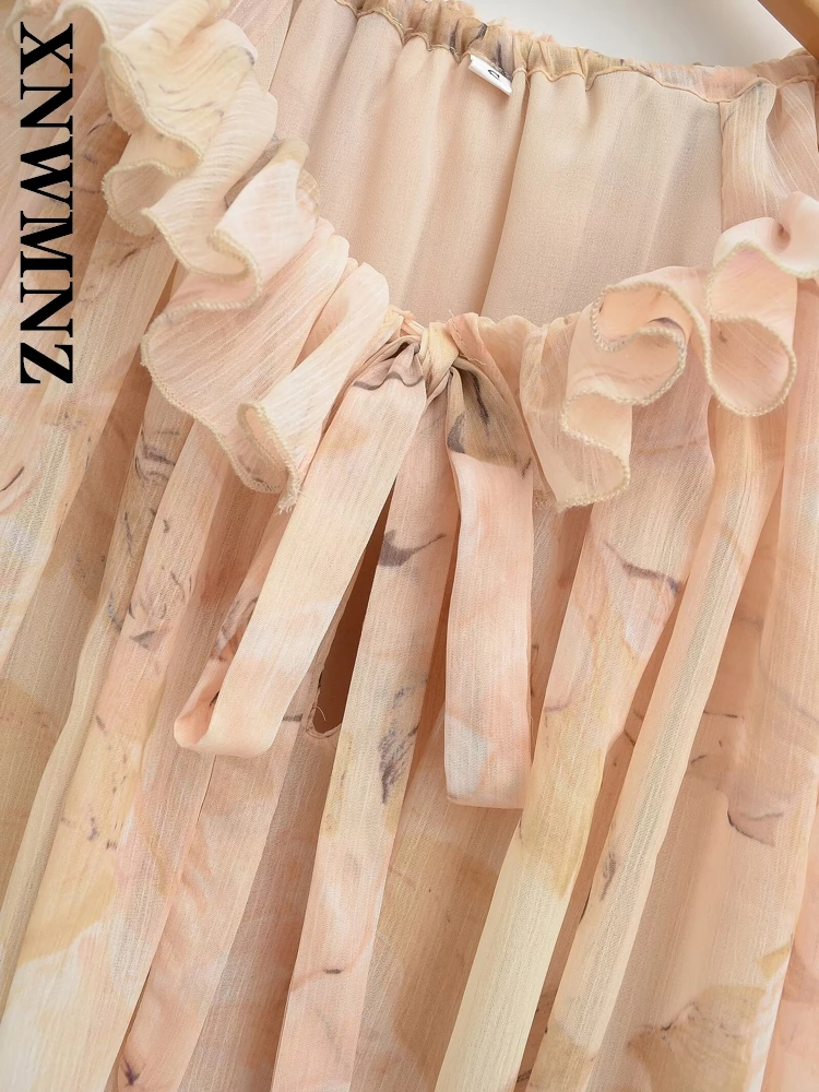 XNWMNZ 2025 ฤดูร้อนใหม่เลดี้แฟชั่น boho โบว์คอยาวแขนยาวมินิชุดลําลองวันหยุดผู้หญิง Ruffle ชุดดอกไม้