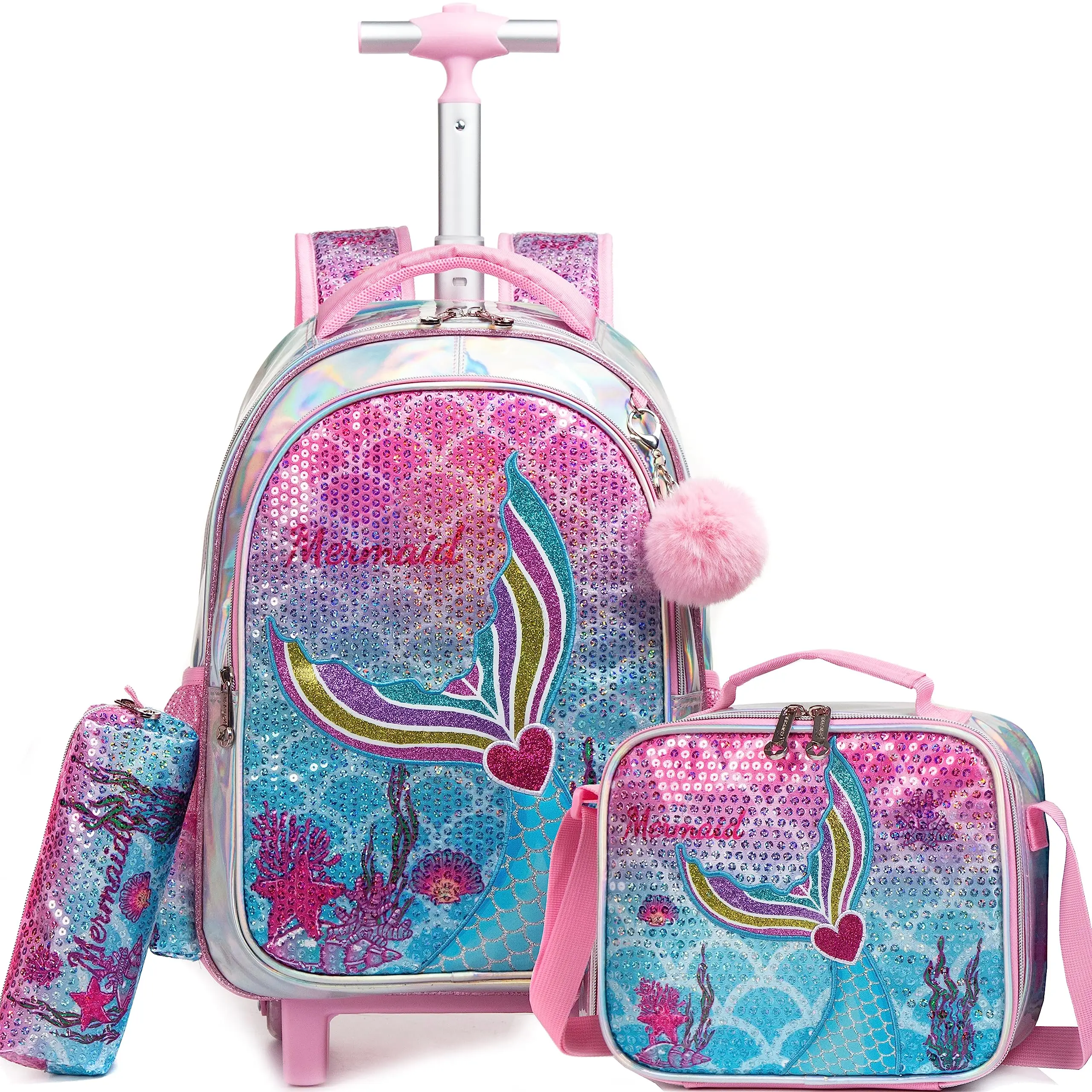 BIKAB Rolling Backpack Sequin Rolling Backpacks with Wheels for Girls Kindergarten Student Kids Travel Suitcase Luggage