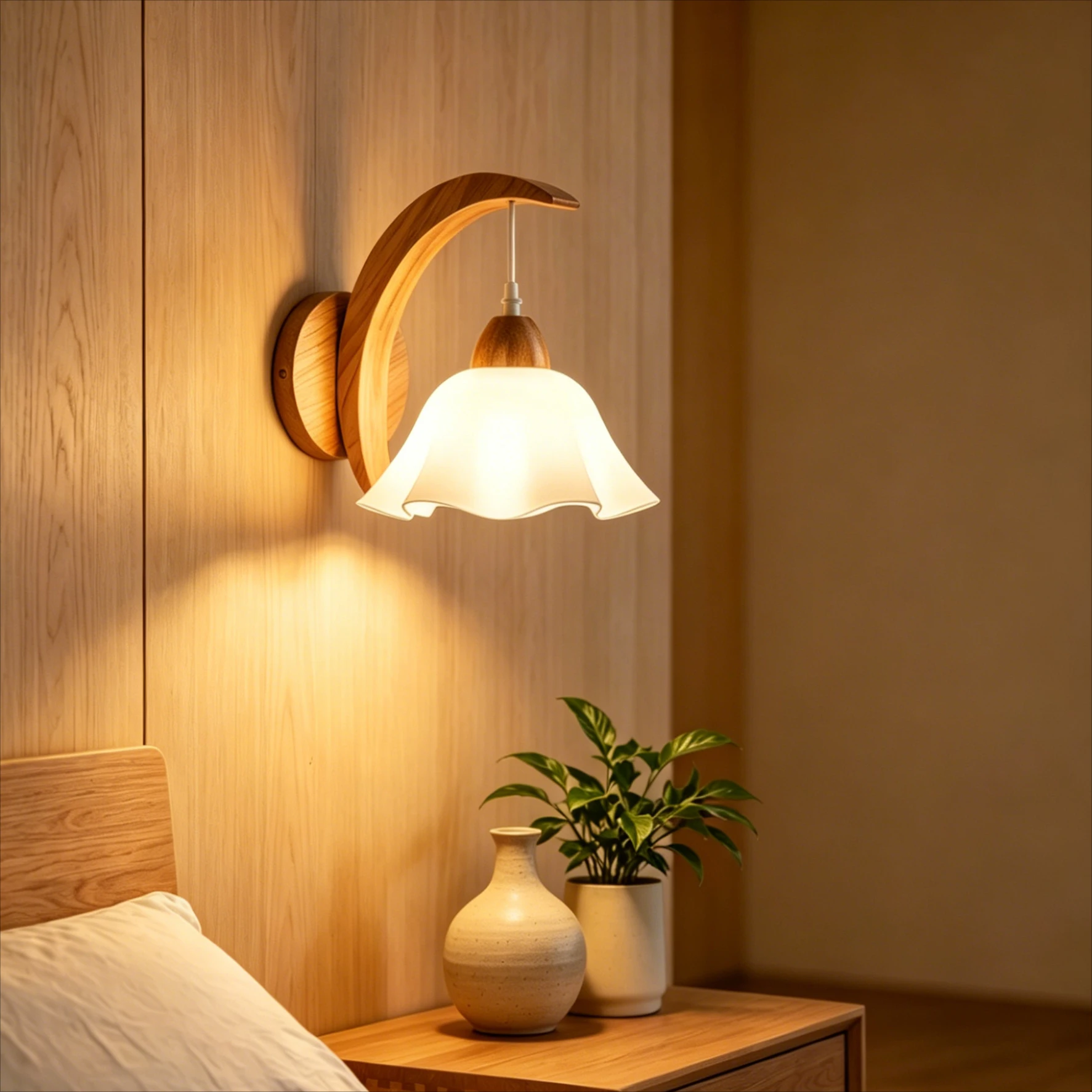 

Japanese Log Wood & Glass Wall Lamp Eye-friendly Children's Room Princess Room Living Room Entrance French Cream Wall Light