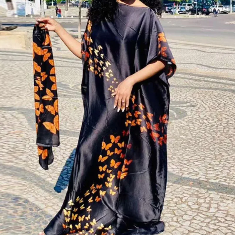 2023 New Rayon Fashion Oversize African Women Clothing Dubai Dashiki Abaya Free Size Print Design With Scarf Loose Long Dress