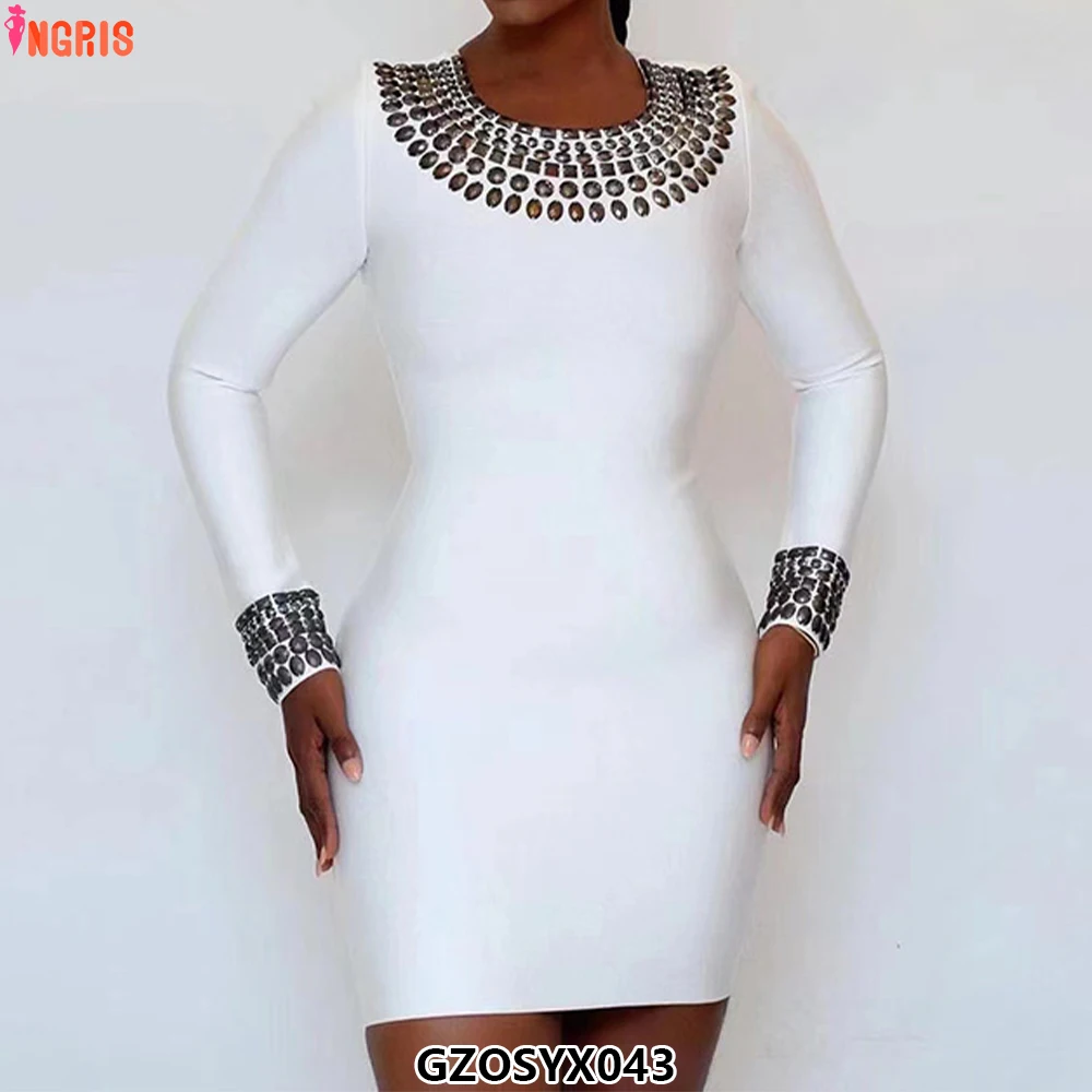 

Fashion Elegant Long Sleeve Bandage Dinner Dresses for Women Beaded Backless Luxurious Maxi Evening Dresses-GZOSYX043