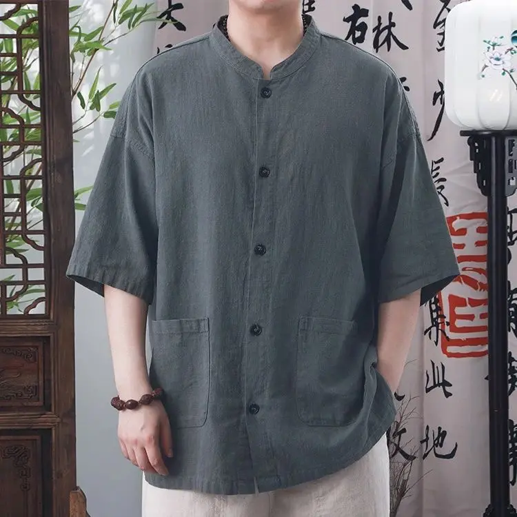 Summer New Style Chinese National Style Cotton Linen Men Short Sleeve Shirt Retro Collar Casual Loose Multi-purpose Top