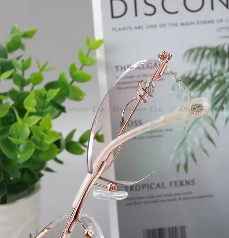 다이아몬드 커팅 독서 안경 합금 무테 핑크 그라데이션 안경, 여성 모조 다이아몬드 금속 안티 블루 + 3.0 + 4.0