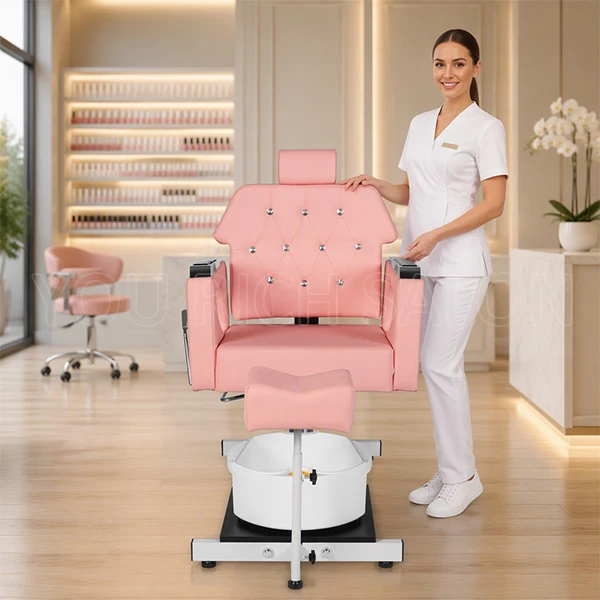 Pink Hydraulic Pedicure Chair With Removable Foot Basin, Reclining Nail Salon Spa Pedicure Chair With Technician Stool