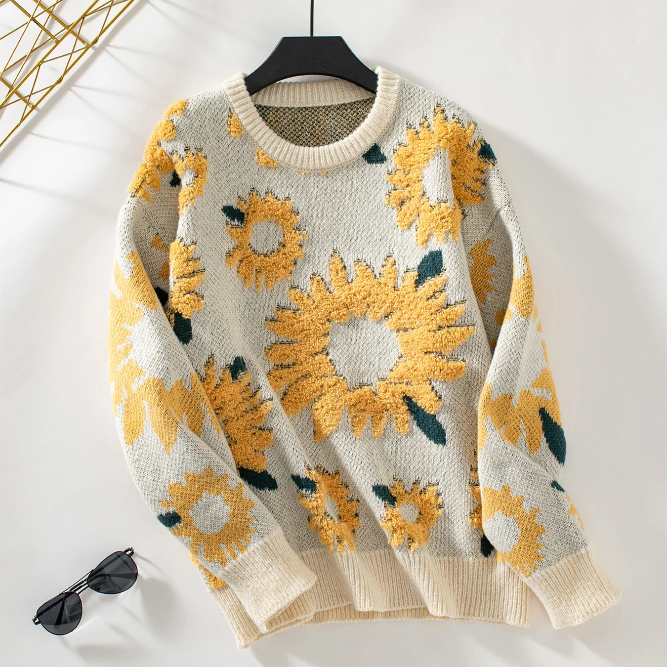 2024 autunno/inverno nuove donne maglione girasole asciugamano ricamato girocollo a maniche lunghe maglione Pullover lavorato a maglia per le donne