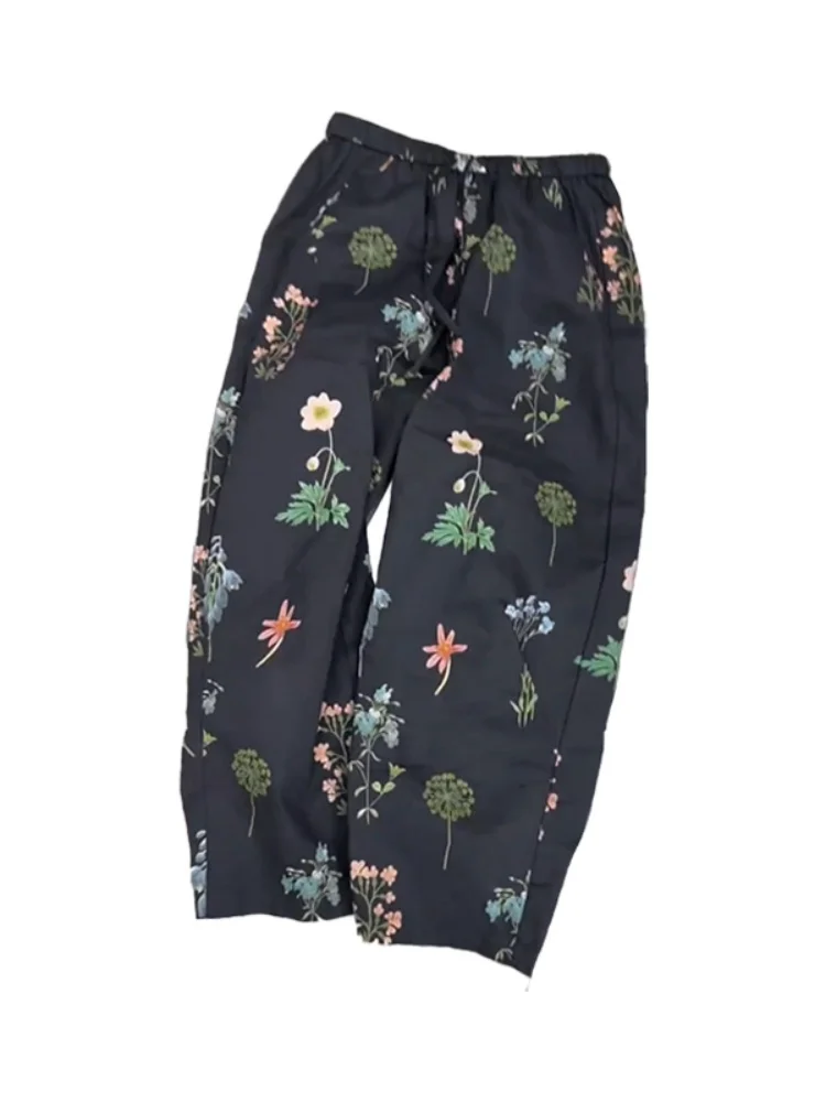 레트로 플로럴 프린트 캐주얼 팬츠 여성 여름 신상 큰 사이즈 작은 체형에도 잘 어울리는 멋진 린넨 와이드 레그 작은 꽃무늬...