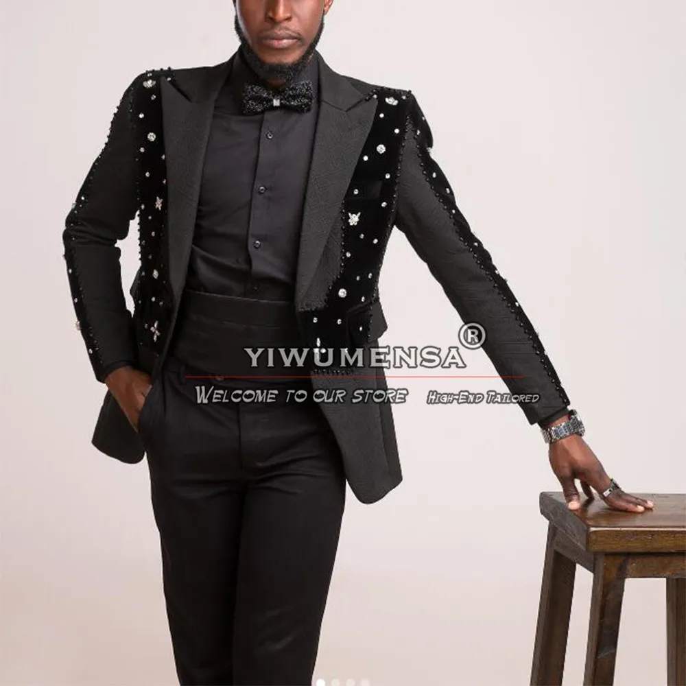 Elegant Groom Wedding Suits Slim Fit Sliver Crystals Beaded Floral Pattern Prom Blazers Customized Formal Party Men's Tuxedos