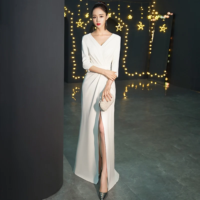 

White Long Sve V-Ne Evening Gown Women's Faionable Ball Dr Host Art Exnation Year End Ceremony Ele Sle