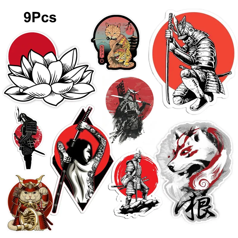 9Pcs Japanese Bushido Sticker Set Wolf Cat Samurai Sword Vinyl Decals Waterproof Matte Pegatinas For Laptop Fridge Luggage Phone