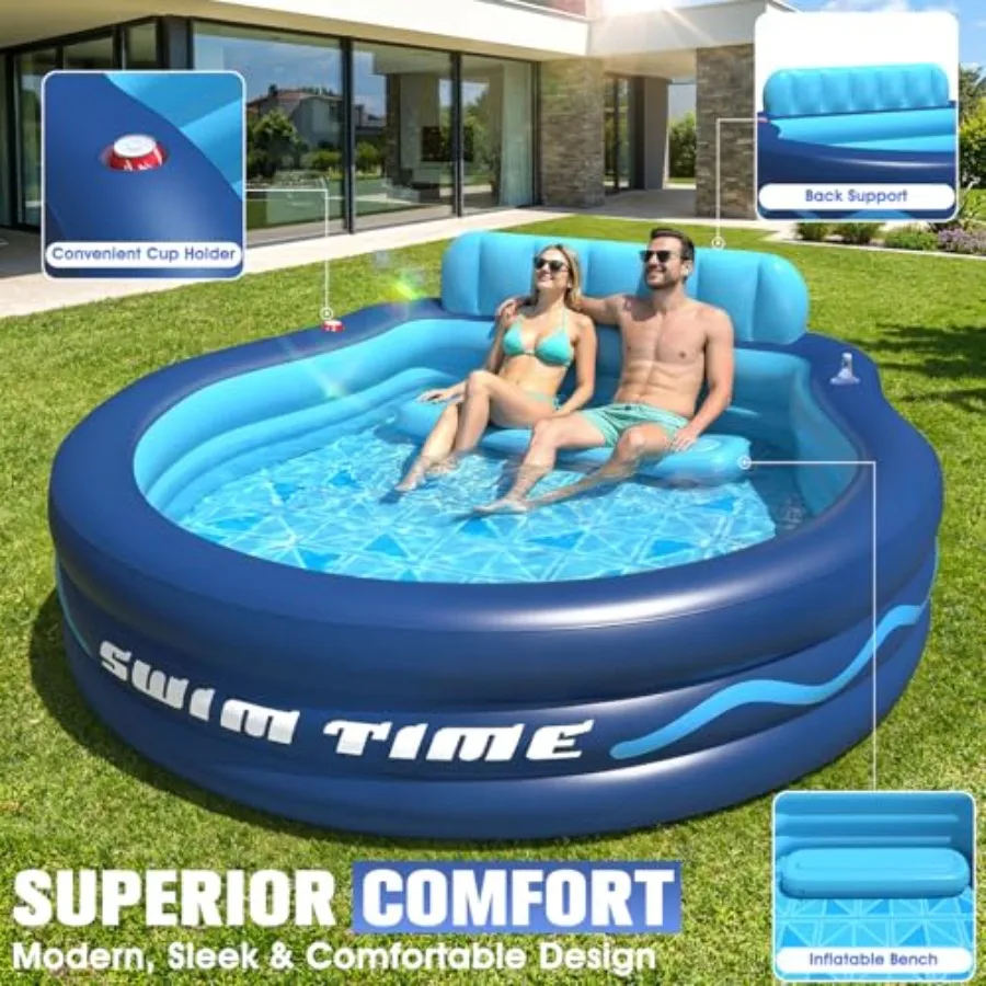 Backyard inflatable pool with seats and headrest, PVC material, blue, oversized thickened design for adult relaxation and famil