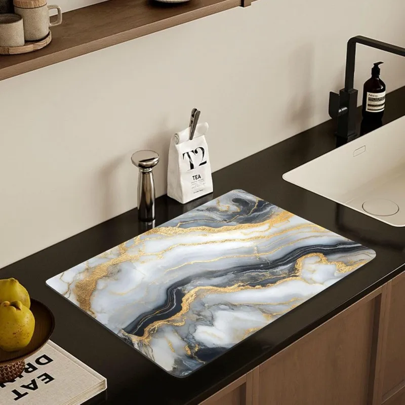 Luxury White Gold Marble Dish Drying Mat Modern Black Vein Kitchen Counter Mat Aesthetic Quartz Coffee Bar Pad Absorbent