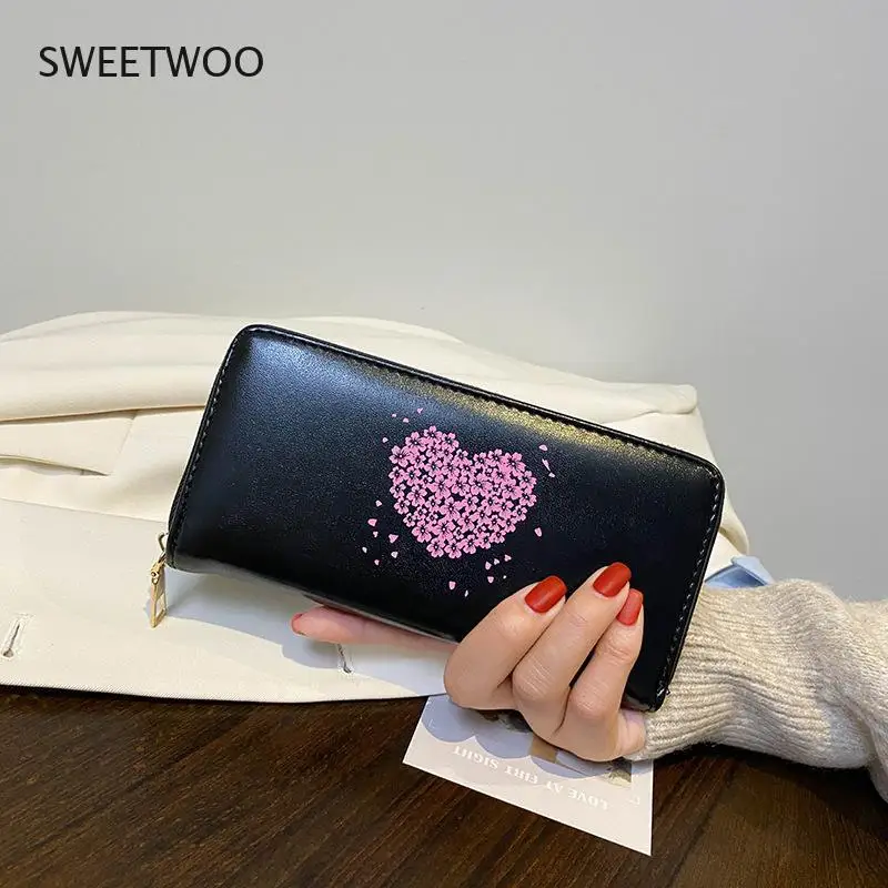 Long women's wallet zipper cute heart-shaped tassel pu leather coin purse bracelet credit card holder money bag phone holder