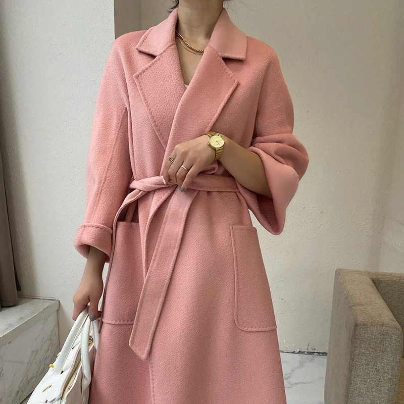 

Double-sided Cashmere Coat Women Water Ripple High-end Thick Temperament Warm Woolen Coat Female Outerwear Autumn Winter Long