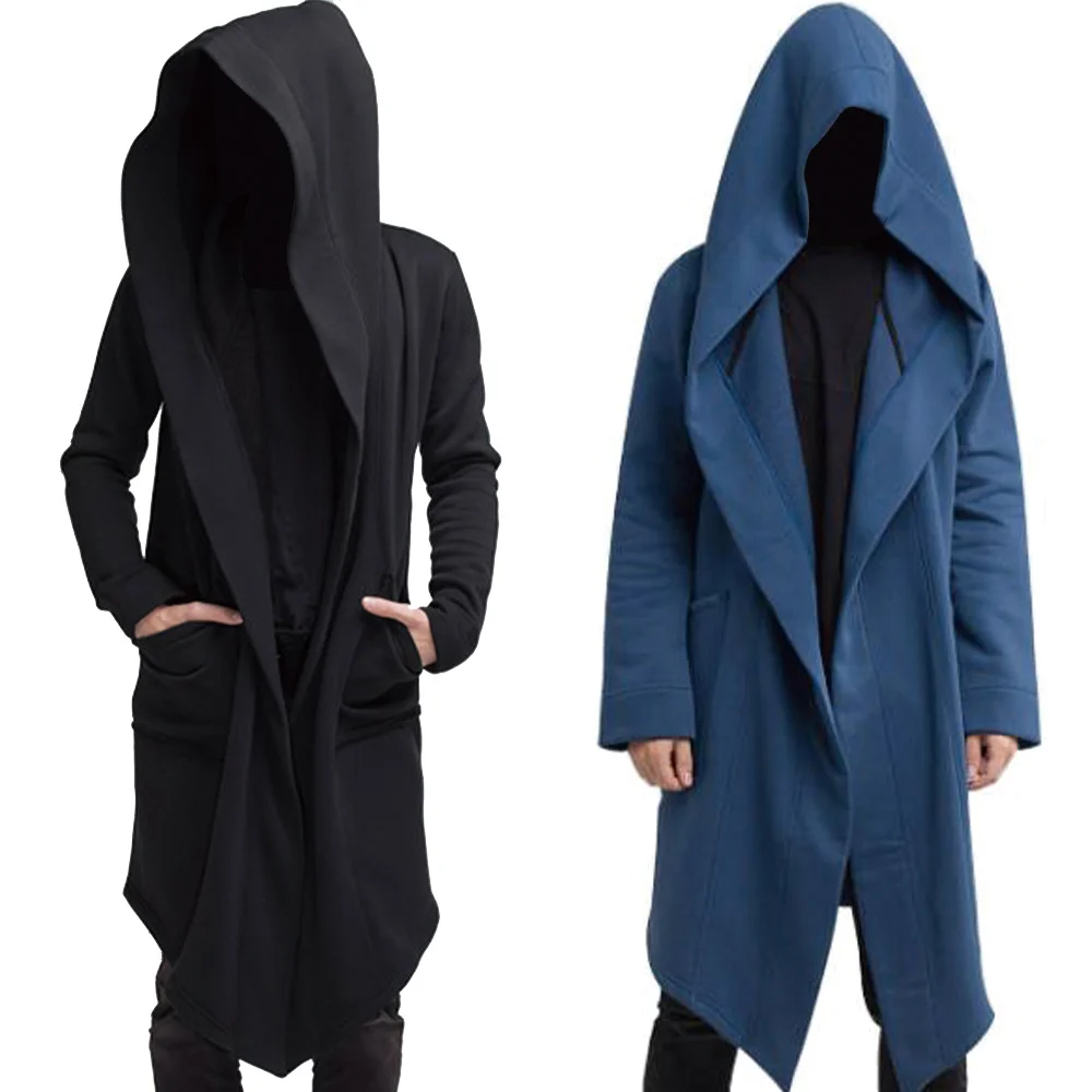 Mens Robe Hooded Cloak Spring Fashion Loose Pocket Warmer Coat Long Sleeve Casual Comfy Outwear