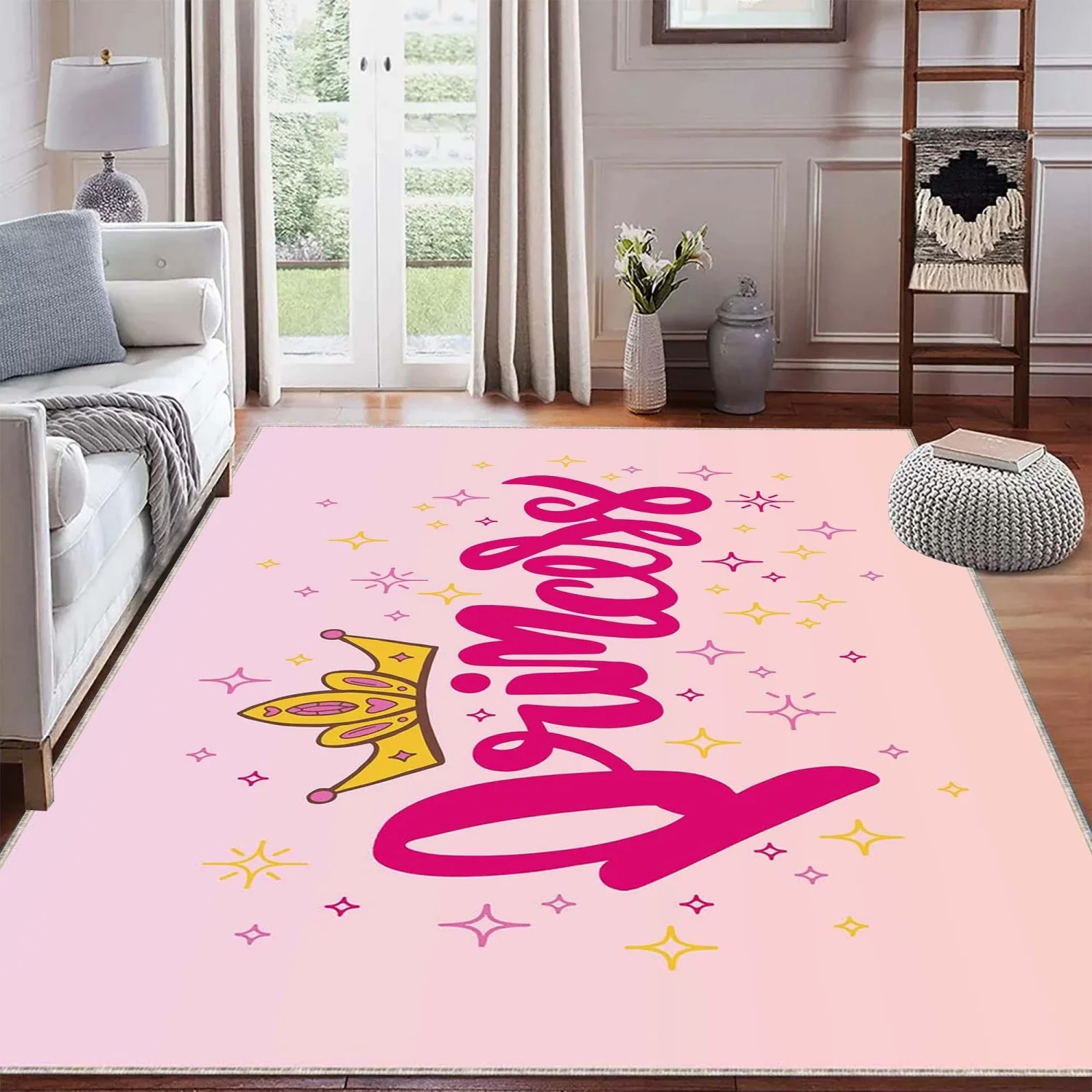 Room Decor Rug  Rug  Pink Princess Crown Design, Sparkle  Room DE1cor, Cute Fairy Tale Girl Nursery Carpet, Playroom Floor Mat