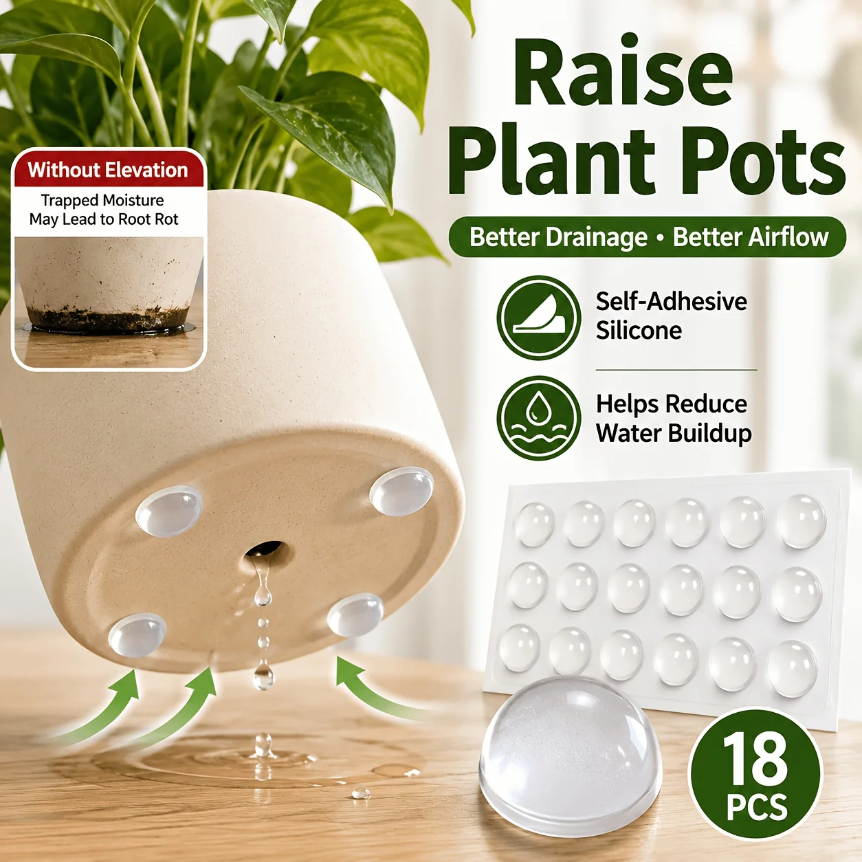 18/36 pieces of invisible flower pot risers, self-adhesive pot pads, enhance air circulation and drainage, prevent root rot