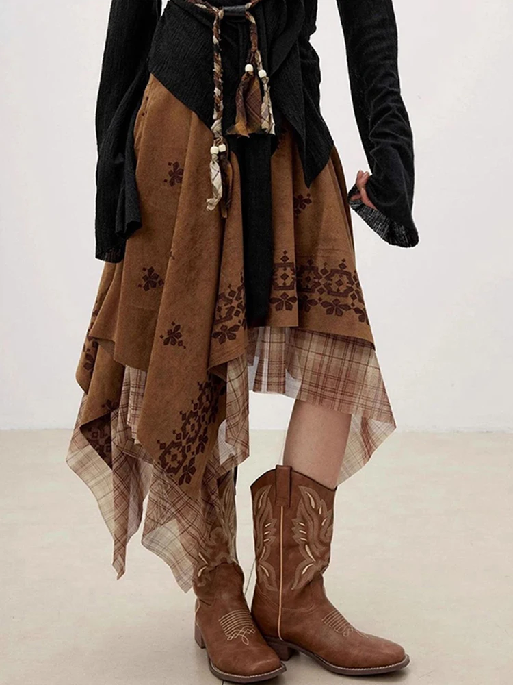 

Bohemian Embroidered Suede Asymmetrical Skirt Women's Autumn Winter Layered High Waist A-Line Skirt Korean Style Office Commute