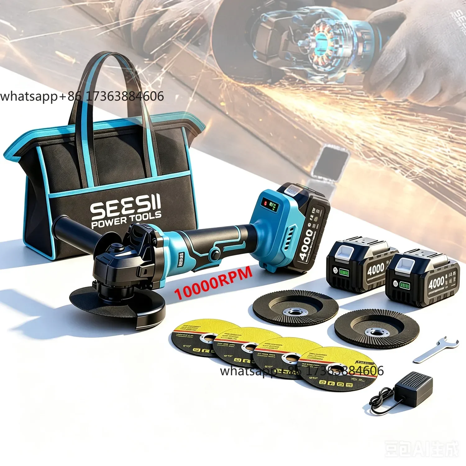 Angle Grinder Tool Cordless Brushless 4 1/2 Inch Variable Speed Settings 10000RPM Handheld Electric Power