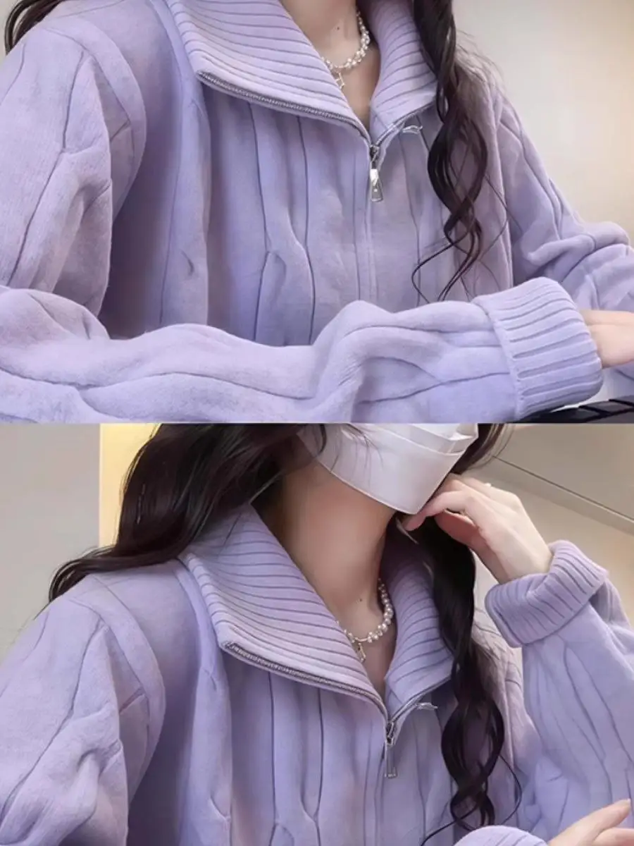 سترة معطف نسائي بياقة عالية وسحاب من Thiened موضة شتاء جديدة لعام 2025 أرجواني قلقاس ملتوية محبوكة طويلة Sve #3