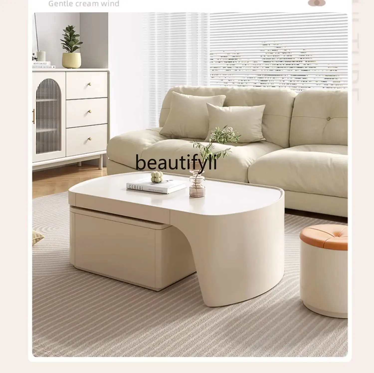 A16 Multifunctional Coffee Table Cream Wind Retractable   Home Modern Simple High Sense Dining Table Tea