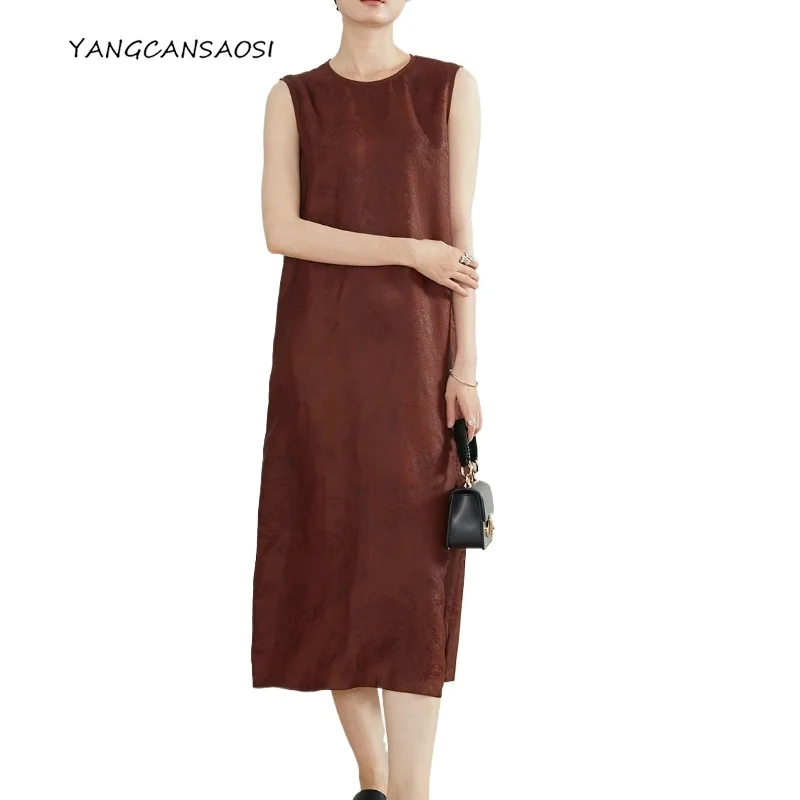 

Women's Fashion Clothing 100% Natural Mulberry Silk Gambiered Guangdong Gauze Red Brown Jacquard Round Neck Sleeveless Dress