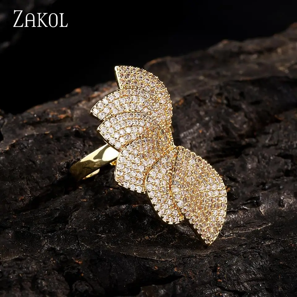 ZAKOL High Temperament Flower Design Micro-set CZ Zircon Ring For Women Exquisite And Elegant Party Banquet Jewelry Accessories