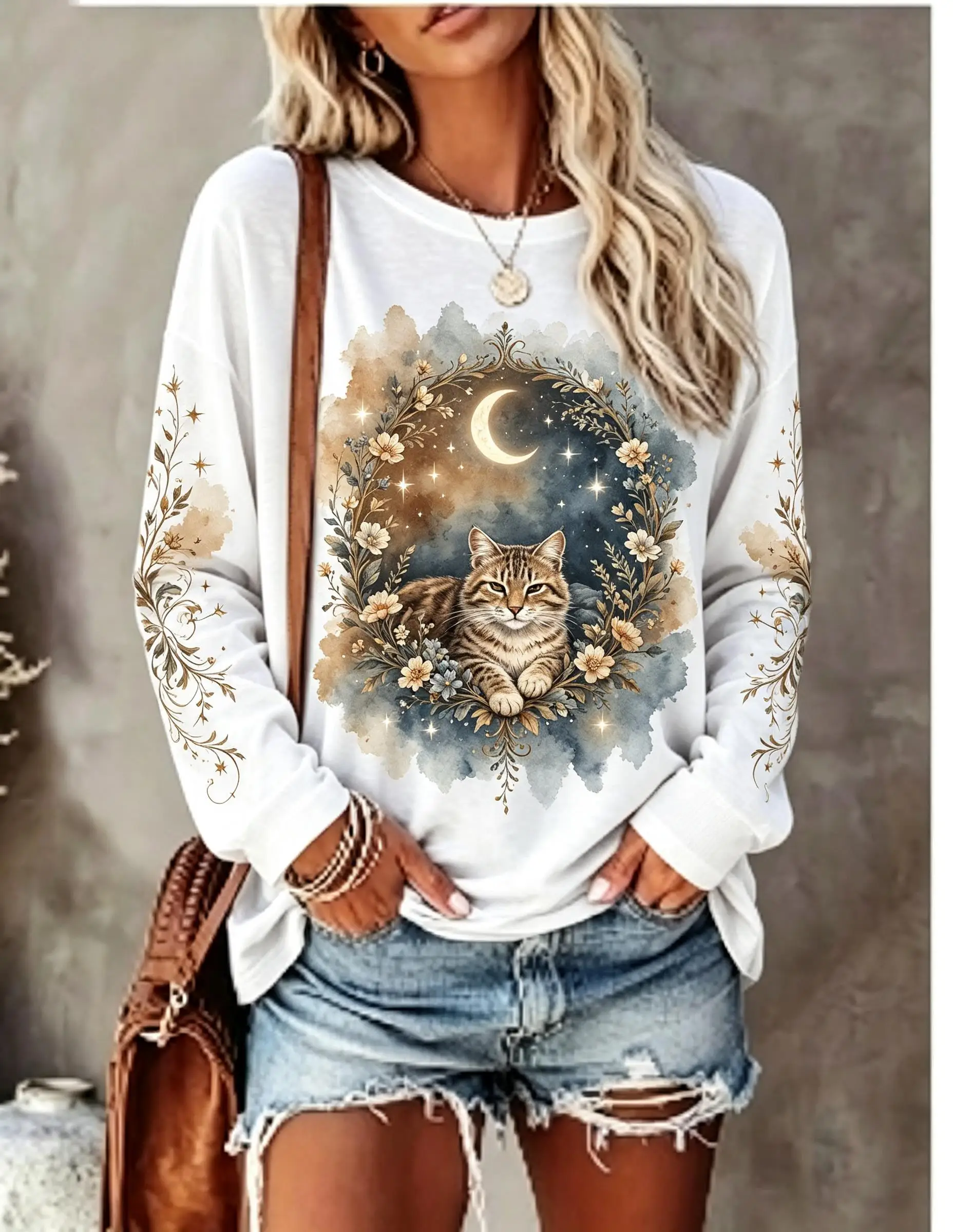 Women Long Sleeve T Shirt Howling Wolf Full Moon Wild Floral Night Print Crew Neck Casual Fall Tops view 3