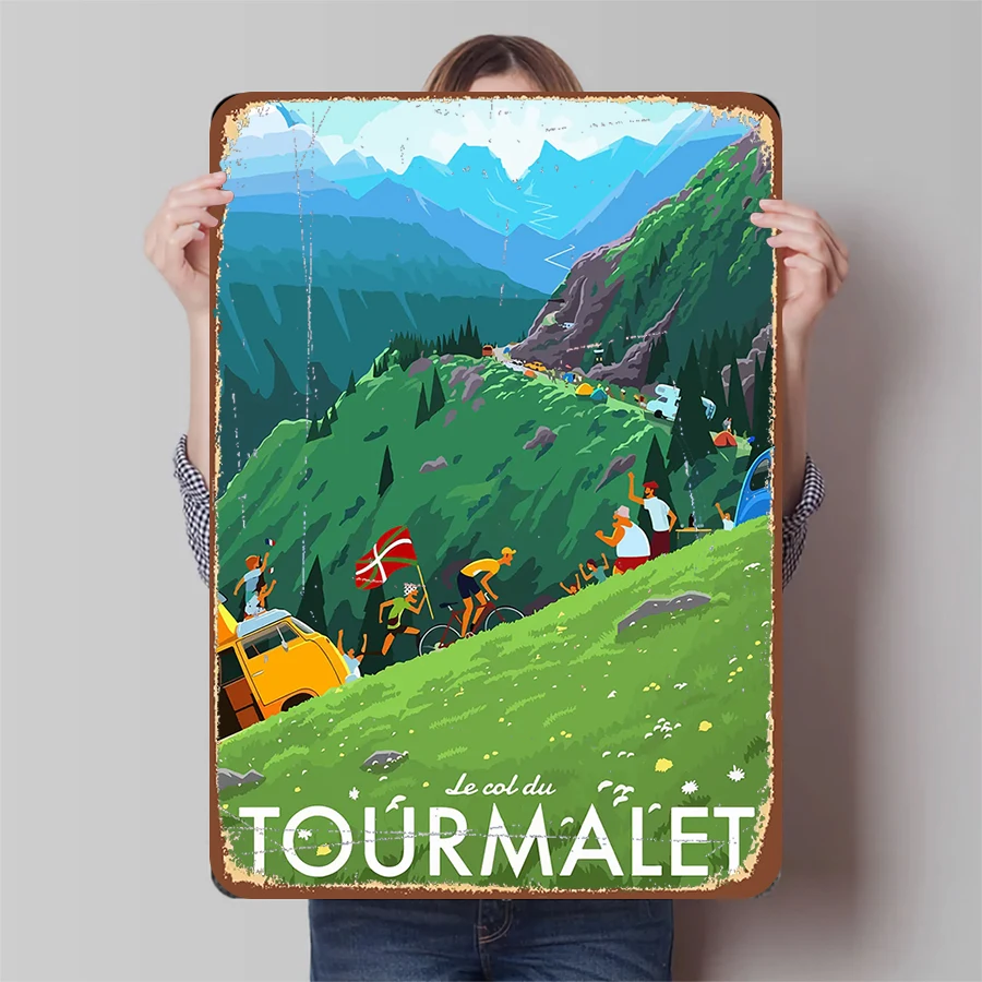 Tour de France Col du Tourmalet Mountain Landscape Metal Wall Art Alpine Cycling Decor for Living Room Study