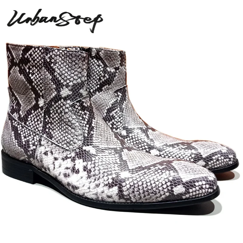 LUXURY MEN'S BOOTS HIGH ZIPPER ANKLE BOOTS SLIP ON PYTHON PRINT CASUAL DRESS SHOES WHITE WEDDING PARTY LEATHER BOOTS MEN