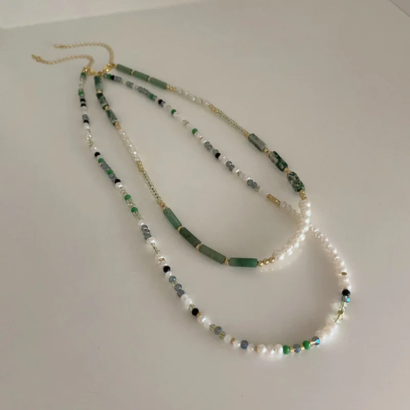 ALLNEWME Retro Green Natural Stone Strand Beaded Necklace Crystal Imitation Pearl Chokers Necklaces for Women Casual Jewelry