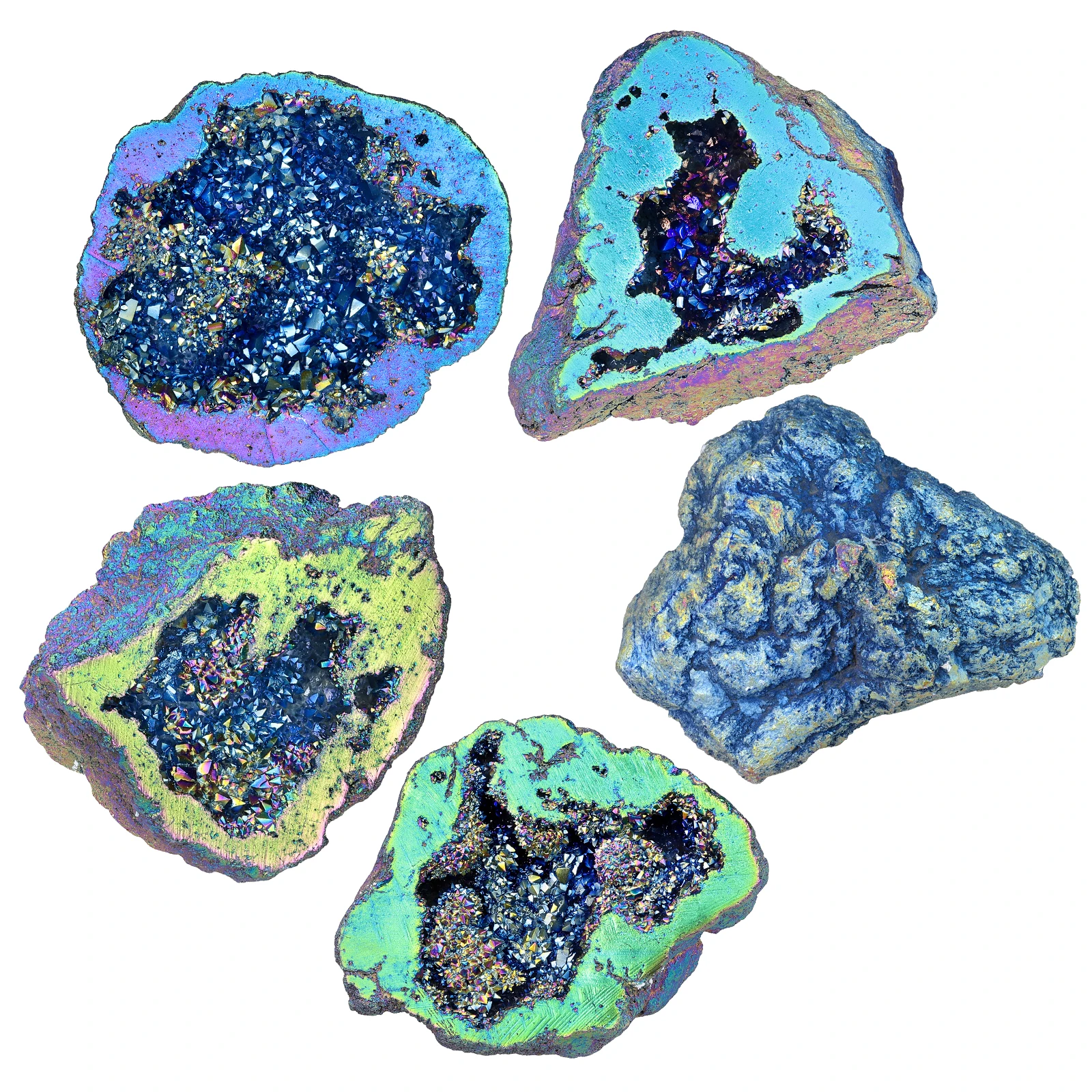 TUMBEELLUWA Angel Aura Quartz Geode Stone Titanium Coated Natural Rock Quartz Cluster Specimen For Yoga Meditation Home Decor