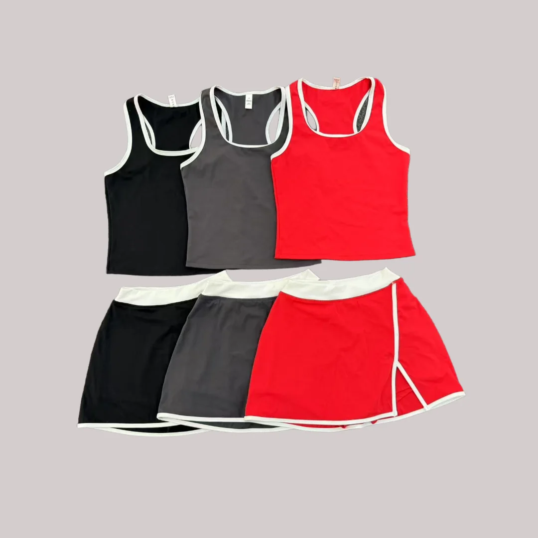 

Tennis Skirt Set Sports Quick Drying Contrast Color Vest 2pc Suit Golf Badminton Running Workout Clothing Gym Short Yoga Set