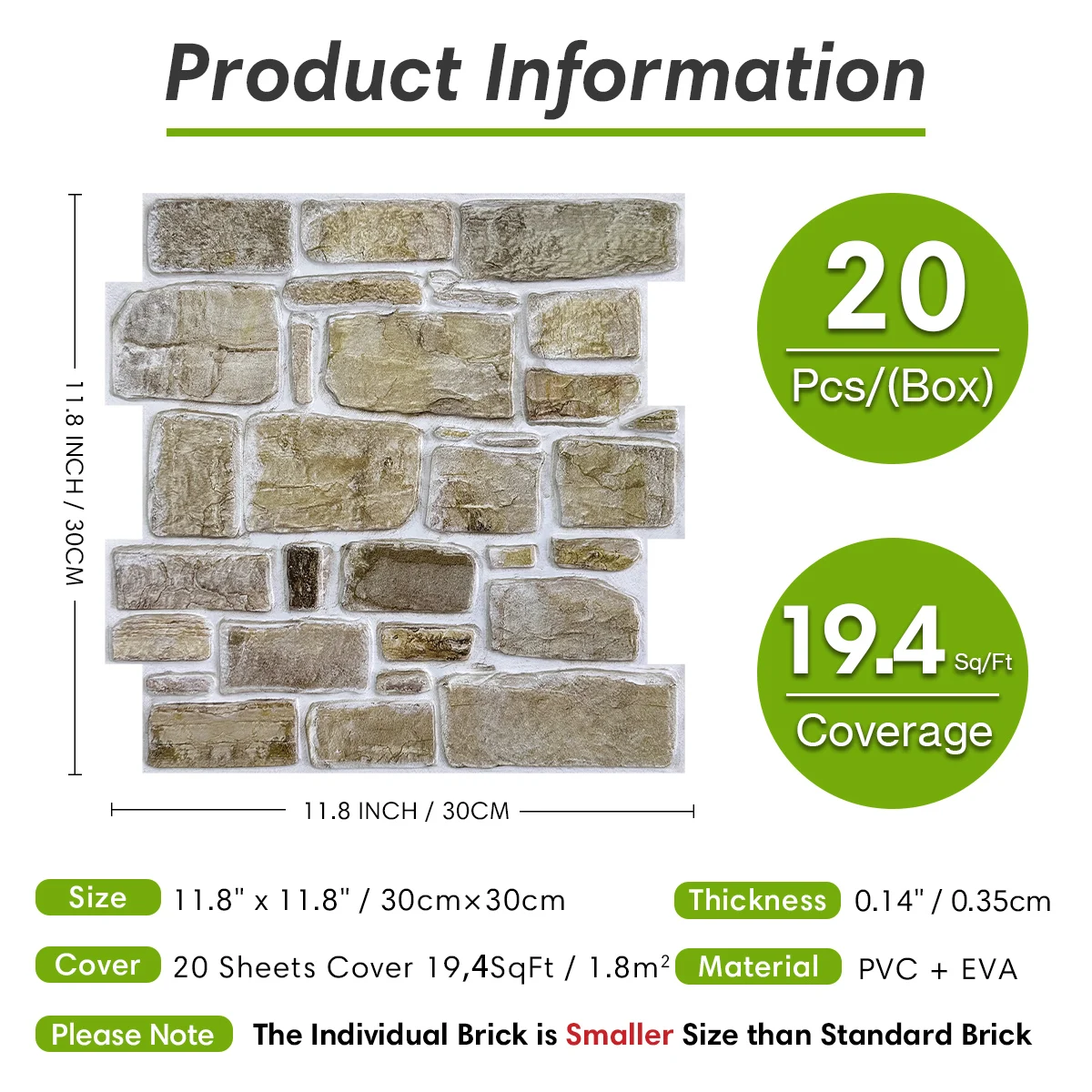 20 قطعة من ألواح الحائط اللاصقة المصنوعة من الحجر الصناعي ثلاثية الأبعاد، ملصقات حائط لغرفة المعيشة (10 قدم مربع/صندوق)، ديكور جدار المزرعة #3