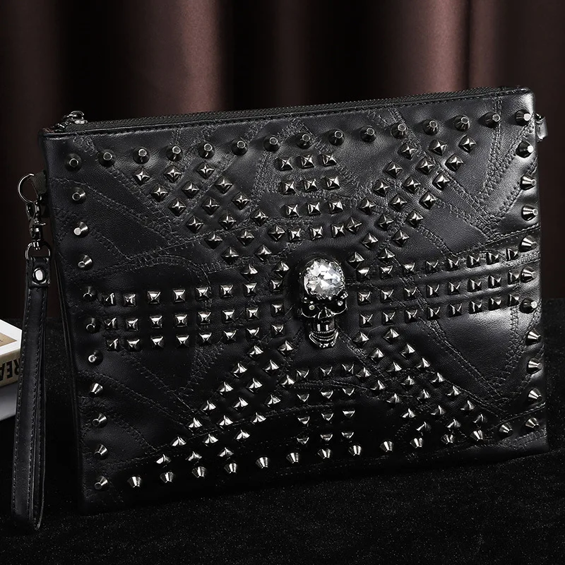 

Luxury Design Clutches For Men Skull Rivet Clutch Men PU Leather Handbags Male Shoulder Bag Wrist Bag Envelope Clutch Purse