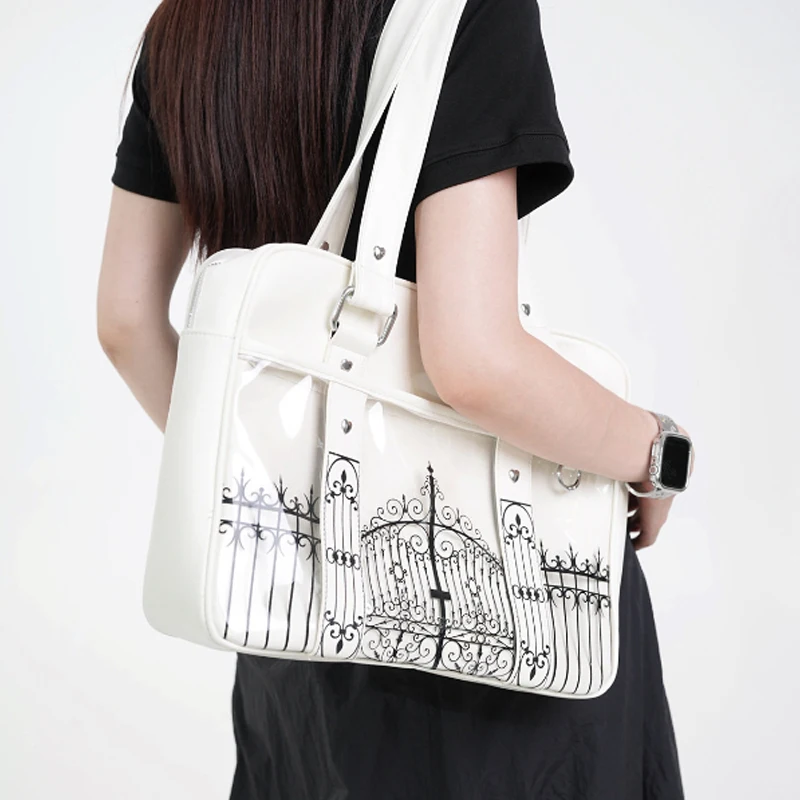 Gothic Ita Bag mit transparentem PVC-Fenster, Damen-Umhängetasche mit Eisentor-Design-Print, Vintage-Handtasche, schwarze Tragetasche – Detail 12
