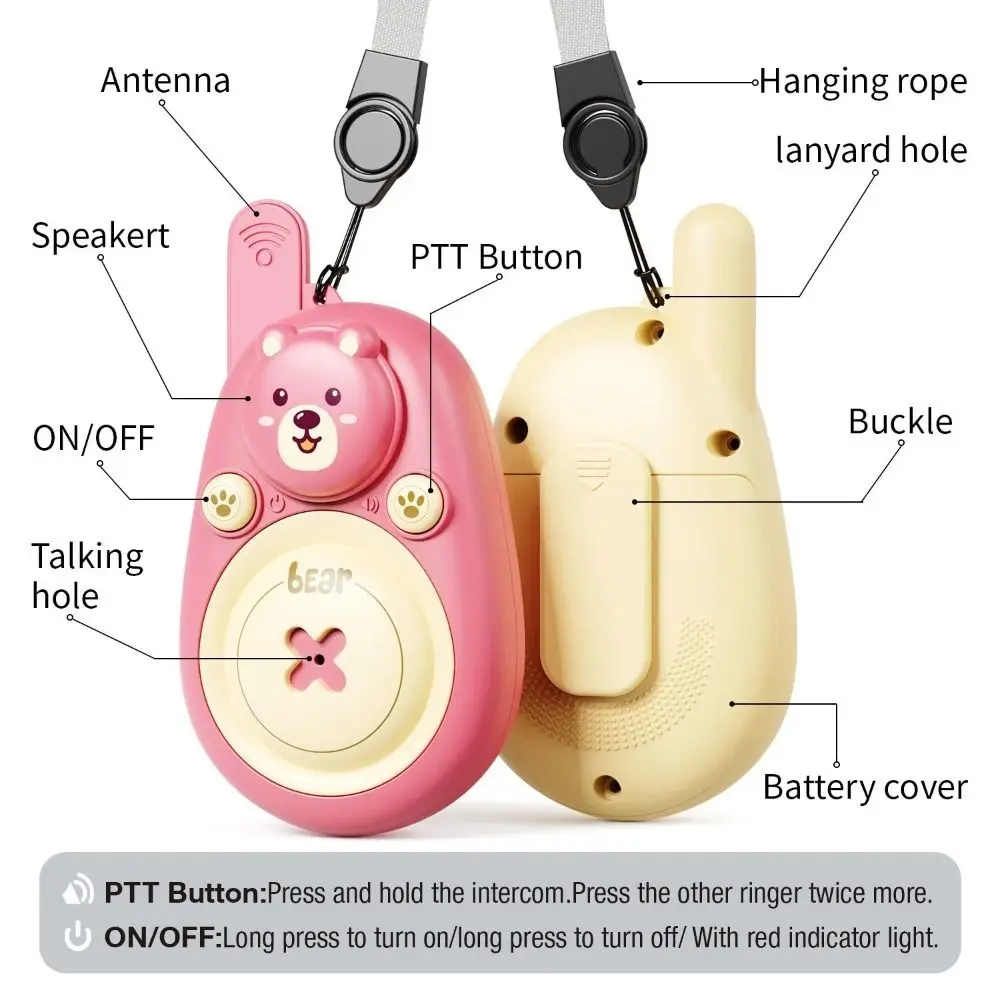 1 paire de talkie-walkie pour enfants, joli ours, lanière portable, appel en un clic, ours de dessin animé, longue portée