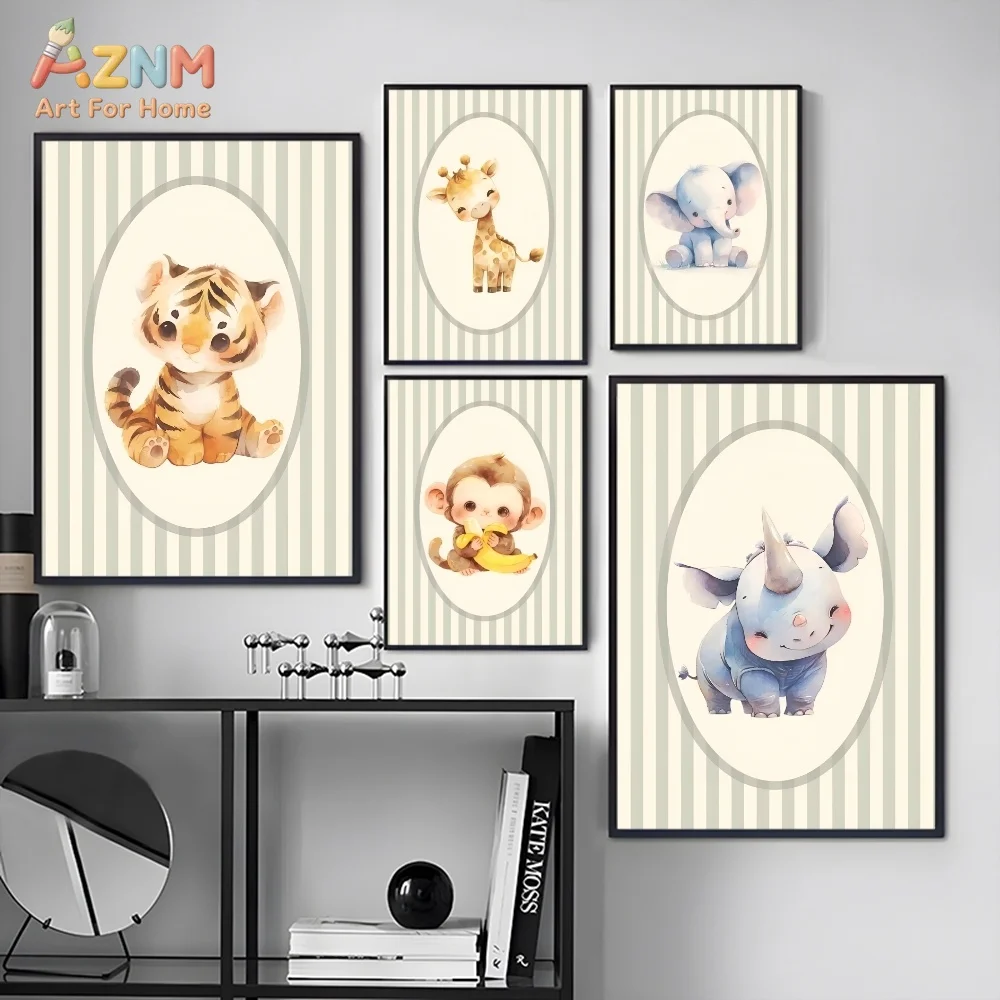 AZNM Watercolor Cute Safari Animal Canvas Print Giraffe Monkey Tiger Rhino Elephant Lion Striped Oval Frame Unframed Canvas Wall