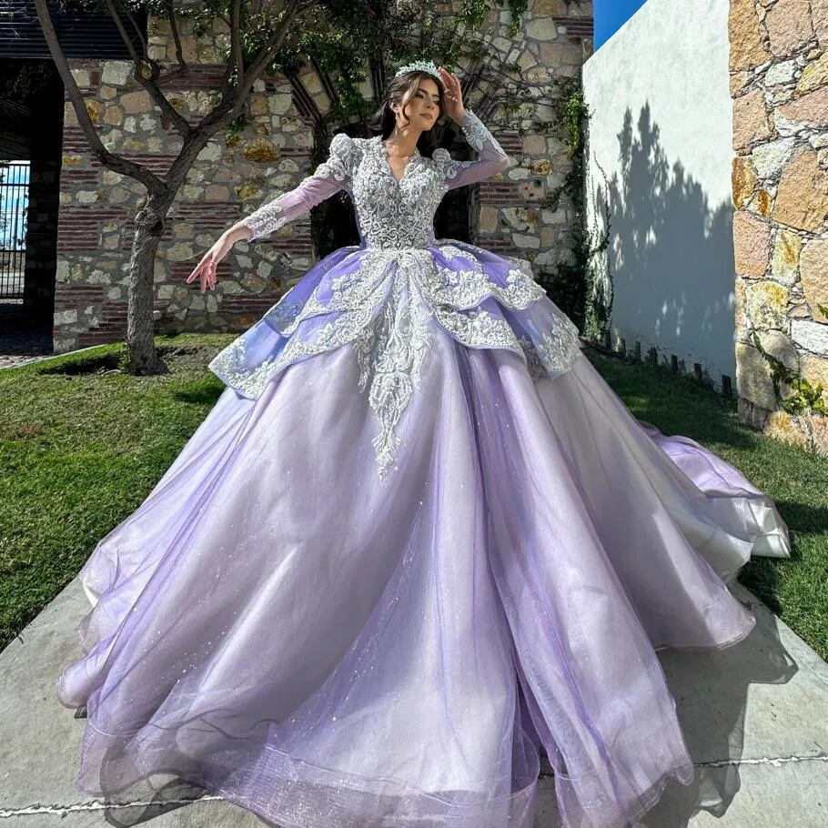 Lila Lavendel Print cess Quince anera Kleider Langarm Glitter Applique Spitze Schößchen Vestidos de 15 Años Quinceañeras 2024 Lujo