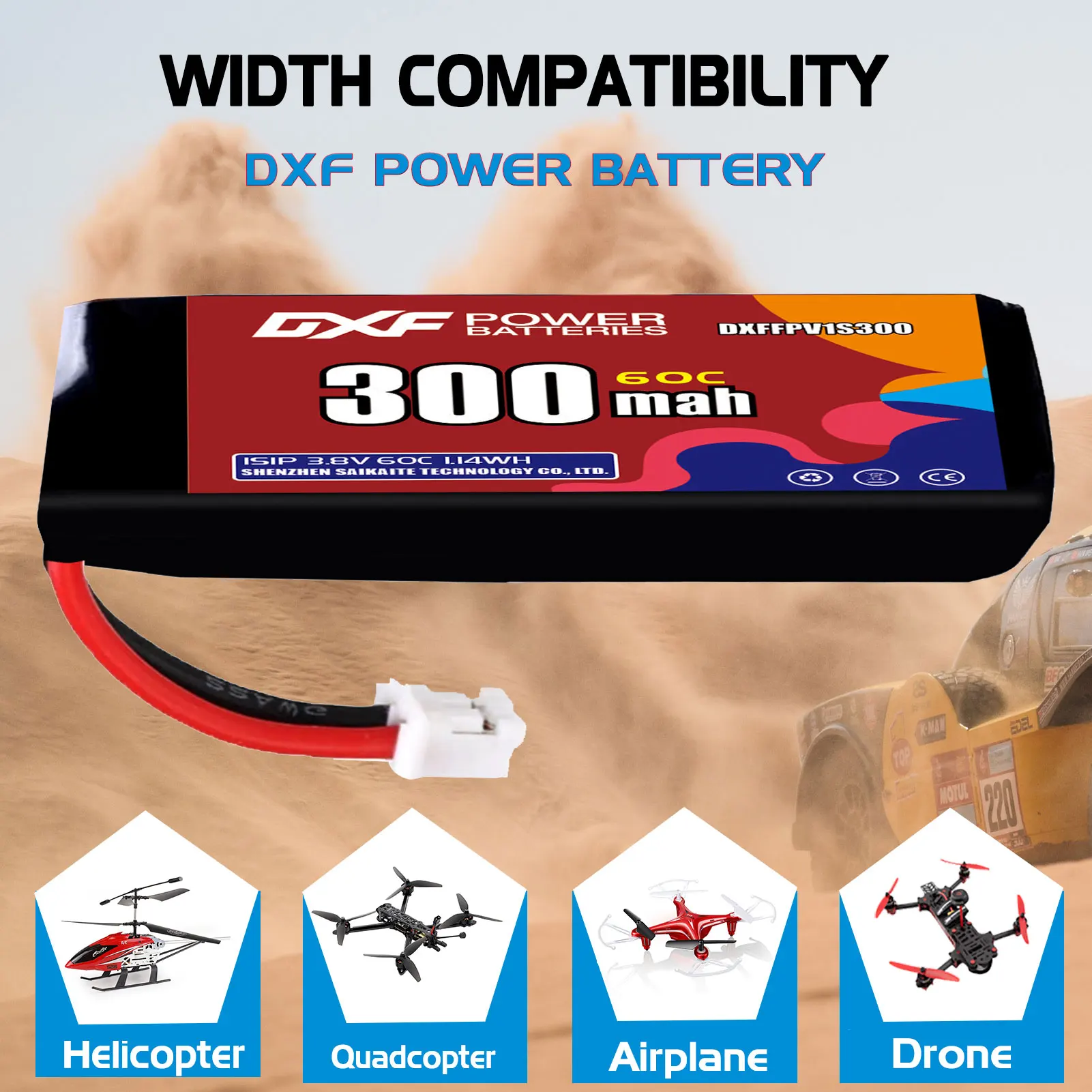 DXF Lipo 1S batterie 3.8V 300mAh 60C avec prise XT30 XT60 JST pour quadrirotor hélicoptère Drone avion FPV