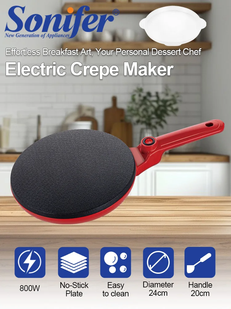 Electric Crepe Maker Sonifer SF-3062 800W 24cm Non Stick Pancake Maker Fast Heating Plate for Breakfast Home Kitchen