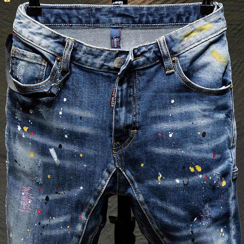 High Street Fashion Men Jeans Retro Blue Stretch Slim Fit Painted Ripped Jeans Men Spliced Designer Hip Hop Vintage Denim Pants