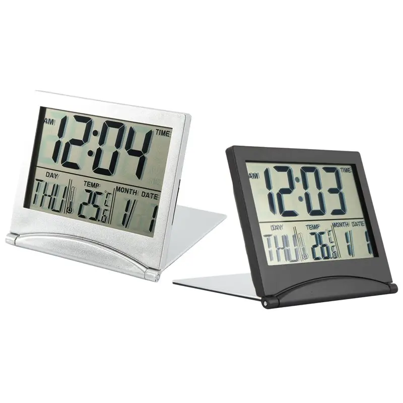 AEE8-2 Pcs Digital Travel Alarm Clock Foldable LCD Clock With Calendar Temperature Snooze Mode Portable Display Desk Clock