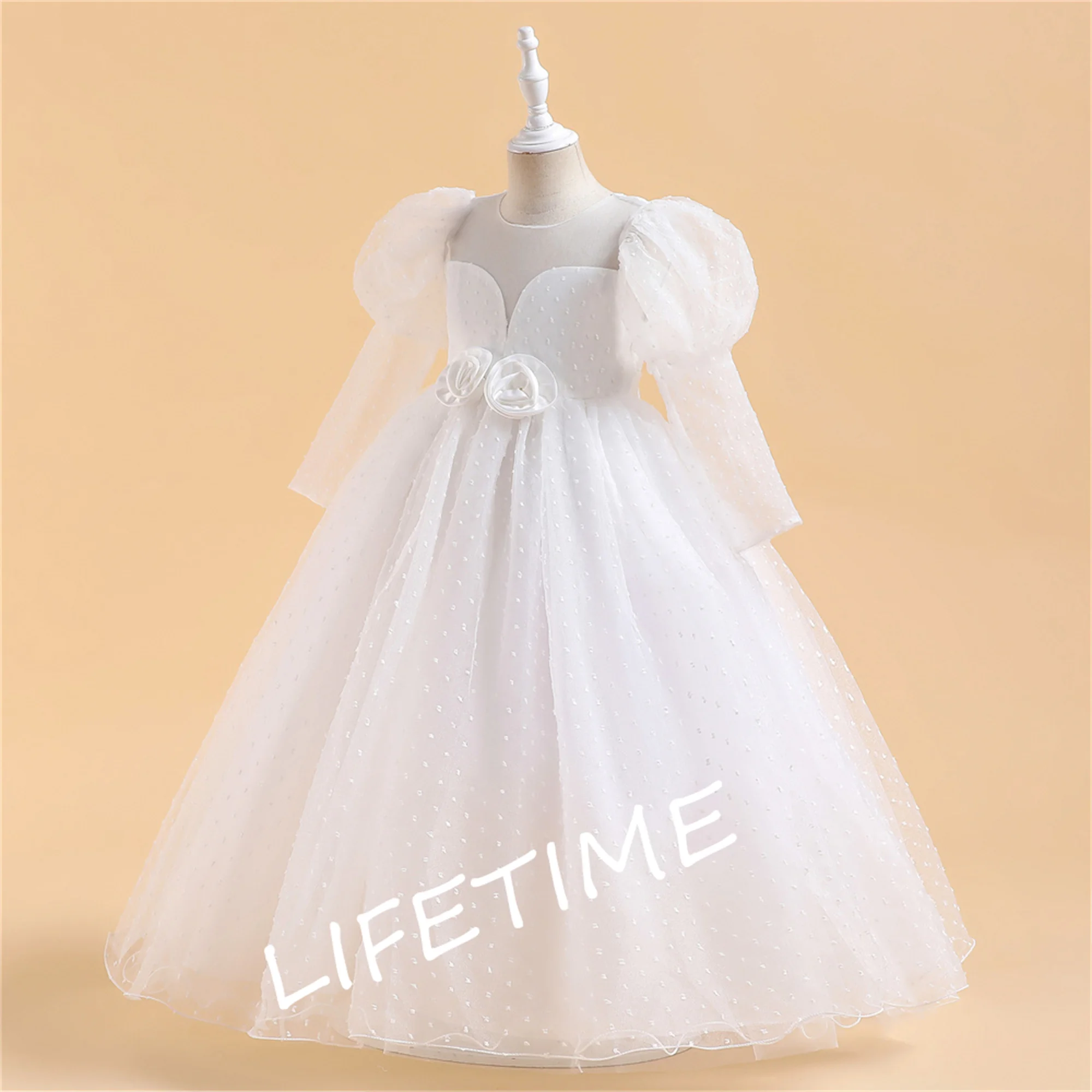 New Flower Girl Dresses Long Puff Sleeves Puffy Birthday Host Performance Princess Gown First Communion Birthday