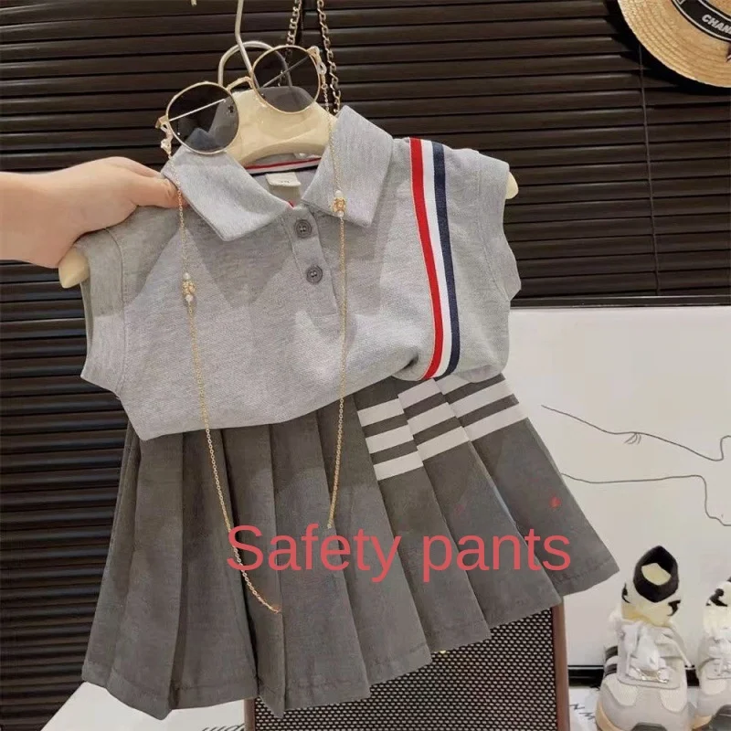 

Girls' summer dress new style girl English college style Polo collar striped baby pleated skirt summer style